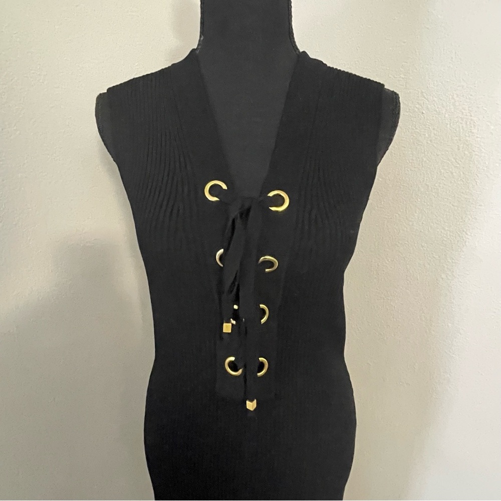 MICHAEL Michael Kors Sz L Black Ribbed Knit Lace-Up Sweater Dress Bodycon - Picture 3 of 11